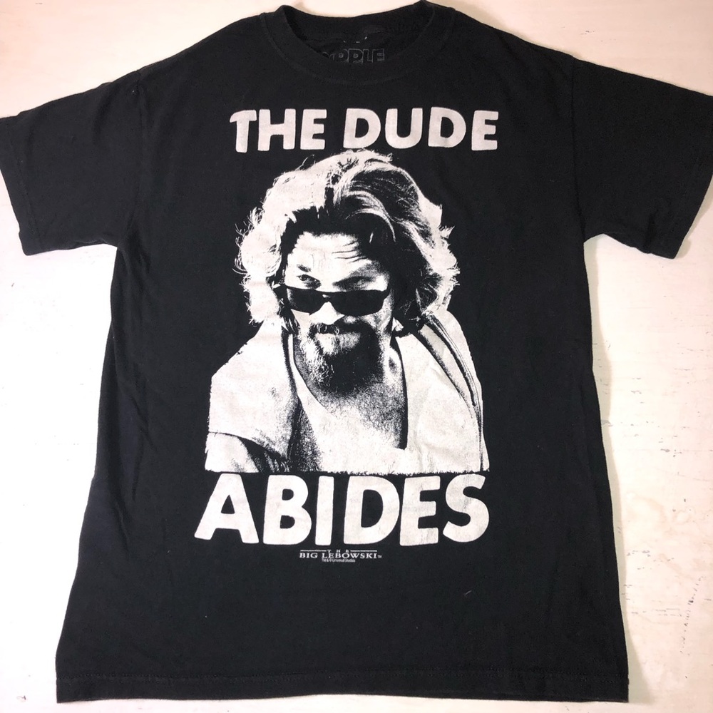 The Big Lebowski The Dude Abides Black Graphic T-Shirt, Medium, 100% Cotton